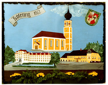 Zeichnung von Herbert Winkler, Kirche, Schloss, gasthof zur Post Kfering 